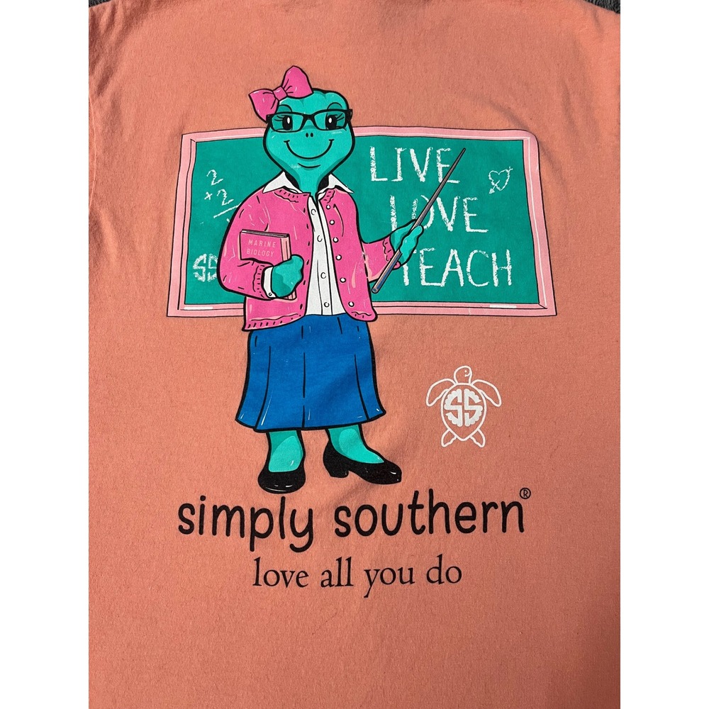 Simply Southern Live Love Teach Turtle Teacher Graphic T-Shirt‎ Coral Size Small